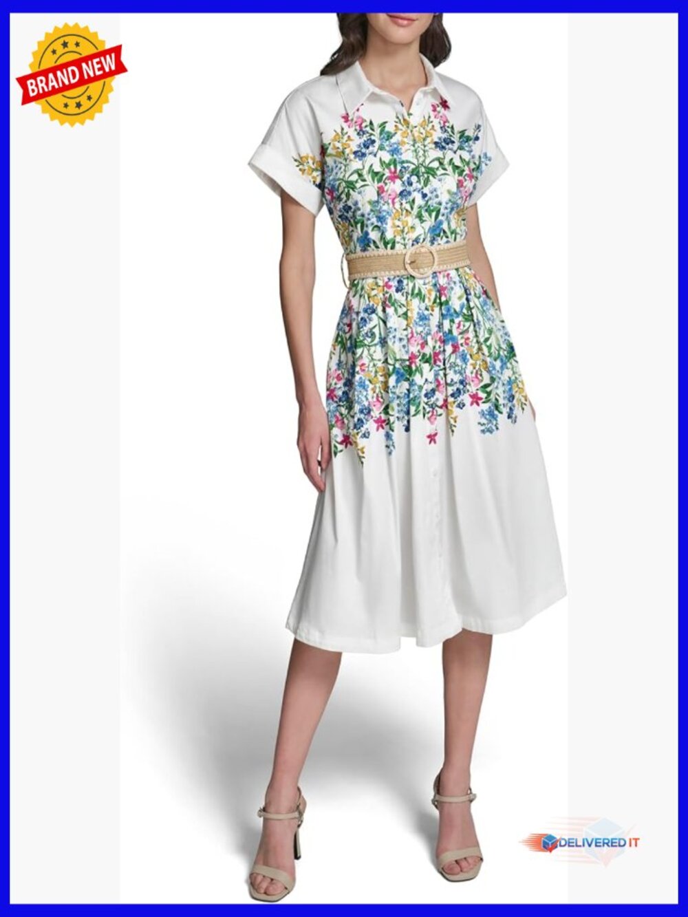 Short Sleeve Collared Neck Floral Midi Dress with Belt
